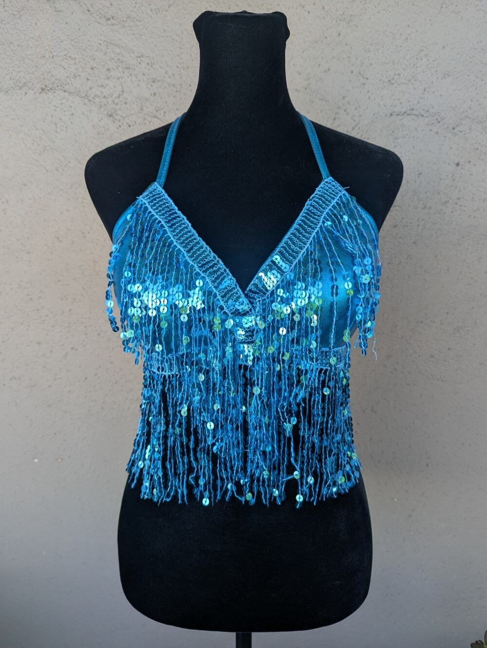 💜NWOT Aqua Sequin Fringe Halter Belly Dance Rave Top